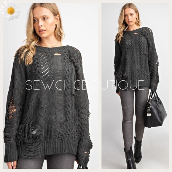 Charcoal Distressed Long Sleeve Sweater - Picture 1 of 5
